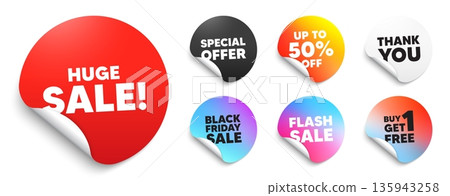 Huge sale red sticker tag. Special offer paper price tags. Huge Sale tag. Special offer price sign. Advertising Discounts symbol. Discount, black friday sticker. Promo banner. Vector 135943258