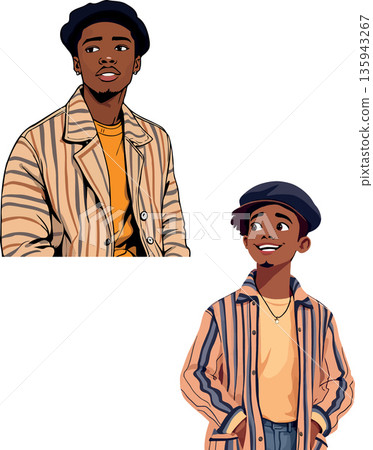 Two black men wearing berets and striped jackets are looking away Two black men wearing berets and striped jackets are looking away 135943267