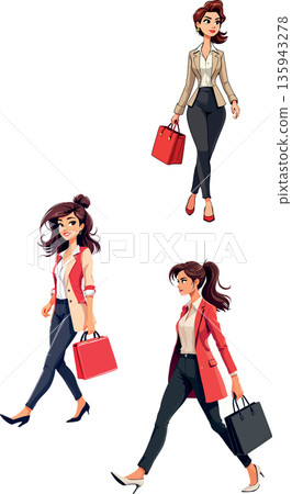 Businesswomen walking with bags in different poses Businesswomen walking with bags in different poses 135943278