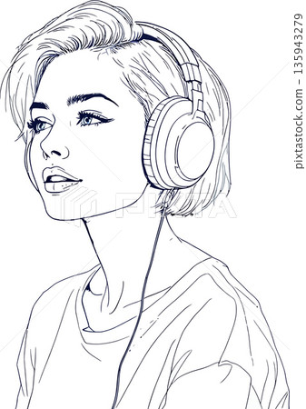 Young woman listening music with headphones, enjoying her favorite song 135943279