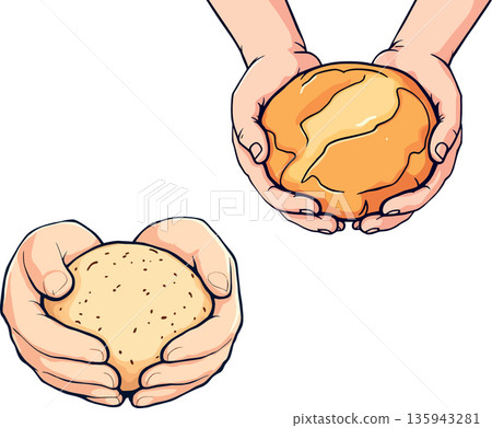 Baker holding freshly baked bread and dough in hands Baker holding freshly baked bread and dough in hands 135943281