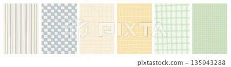 Pastel hand drawn plaid and grid pattern backgrounds in soft colors. Minimal abstract checkered textures for branding, packaging, social media, stationery and spring design. Vector illustration. Pastel hand drawn plaid and grid pattern backgrounds in soft colors. Minimal abstract checkered textures for branding, packaging, social media, stationery and spring design. Vector illustration. 135943288