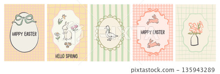 Hand drawn whimsical Easter greeting card set with bunny, goose, flowers, bows. Naive sketch style spring illustrations on pastel checkered and striped backgrounds for Easter greetings, nursery decor. Hand drawn whimsical Easter greeting card set with bunny, goose, flowers, bows. Naive sketch style spring illustrations on pastel checkered and striped backgrounds for Easter greetings, nursery decor. 135943289