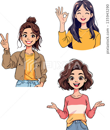 Young women showing positive emotions and gestures Young women showing positive emotions and gestures 135943290