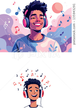 Young man enjoying music with headphones and smiling face 135943291