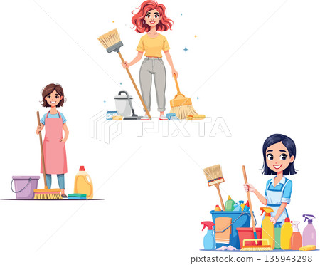 Cleaning service workers holding brooms and posing with cleaning supplies 135943298