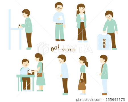 彩色插圖，描繪人們前往投票所投票的情景。 135943575