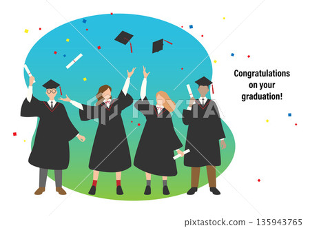 畢業典禮上身著學位服的學生插畫素材向量方形條 135943765