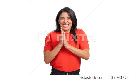 Woman clapping hands expressing illusion and happiness on transparent background Woman clapping hands expressing illusion and happiness on transparent background 135943774