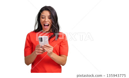 Excited woman reacting to mobile phone news on transparent background Excited woman reacting to mobile phone news on transparent background 135943775