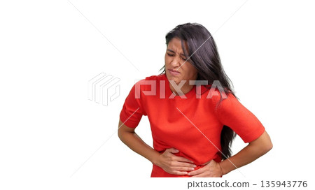 Woman experiencing severe stomach ache pain 135943776