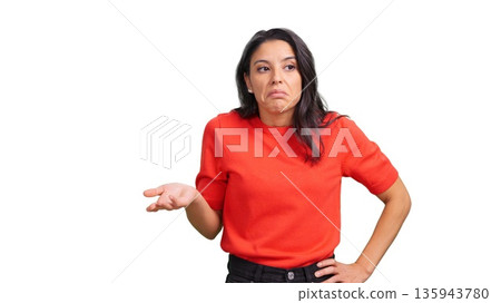 Confused woman shrugging indicating doubt on white background 135943780