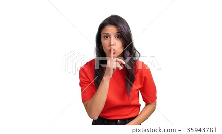 Woman holding finger on lips asking for silence Woman holding finger on lips asking for silence 135943781