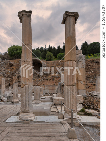 The Basilica Stoa ancient columns and ruins in Ephesus, Turkey The Basilica Stoa ancient columns and ruins in Ephesus, Turkey 135943807