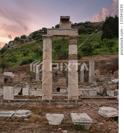 The Rhodian Pristyle and The Prytaneum ancient ruins in Ephesus, Turkey at sunset The Rhodian Pristyle and The Prytaneum ancient ruins in Ephesus, Turkey at sunset 135943830