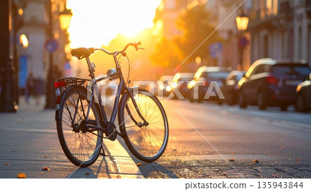 Vintage bicycles parked against an urban brick wall on an Amsterdam city street provide green sustainable transport for cycling through the old town Vintage bicycles parked against an urban brick wall on an Amsterdam city street provide green sustainable transport for cycling through the old town 135943844