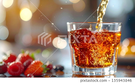 A cold glass of beer and a bubbly glass of champagne sit on a bar table near a whiskey cocktail with ice cubes, creating a refreshing alcoholic beverage display for a party A cold glass of beer and a bubbly glass of champagne sit on a bar table near a whiskey cocktail with ice cubes, creating a refreshing alcoholic beverage display for a party 135943846