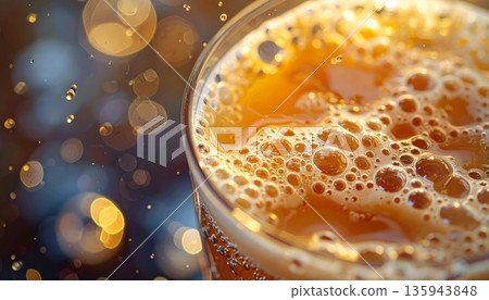 A cold glass of beer and a bubbly glass of champagne sit on a bar table near a whiskey cocktail with ice cubes, creating a refreshing alcoholic beverage display for a party A cold glass of beer and a bubbly glass of champagne sit on a bar table near a whiskey cocktail with ice cubes, creating a refreshing alcoholic beverage display for a party 135943848