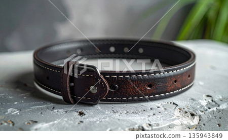 A single brown and black leather belt with a metal silver buckle is isolated on a white background as a stylish men's clothing accessory for personal wear 135943849