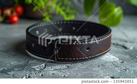 A single brown and black leather belt with a metal silver buckle is isolated on a white background as a stylish men's clothing accessory for personal wear A single brown and black leather belt with a metal silver buckle is isolated on a white background as a stylish men's clothing accessory for personal wear 135943851