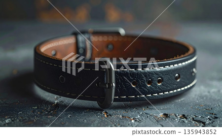 A single brown and black leather belt with a metal silver buckle is isolated on a white background as a stylish men's clothing accessory for personal wear A single brown and black leather belt with a metal silver buckle is isolated on a white background as a stylish men's clothing accessory for personal wear 135943852
