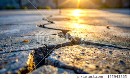 A golden autumn sunset glows over a winding asphalt road through a forest landscape where yellow fall leaves line the nature path and trees frame the sunlit horizon 135943865