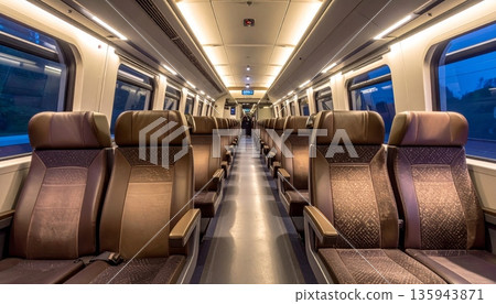 An empty passenger train carriage features rows of modern seats inside a quiet public transport vehicle designed for comfortable rail travel and business transportation An empty passenger train carriage features rows of modern seats inside a quiet public transport vehicle designed for comfortable rail travel and business transportation 135943871