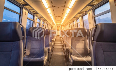 An empty passenger train carriage features rows of modern seats inside a quiet public transport vehicle designed for comfortable rail travel and business transportation 135943873
