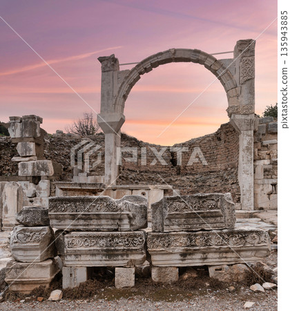 Domitian Square ruins at sunset, Ephesus UNESCO World Heritage Site, Selcuk, Turkey Domitian Square ruins at sunset, Ephesus UNESCO World Heritage Site, Selcuk, Turkey 135943885