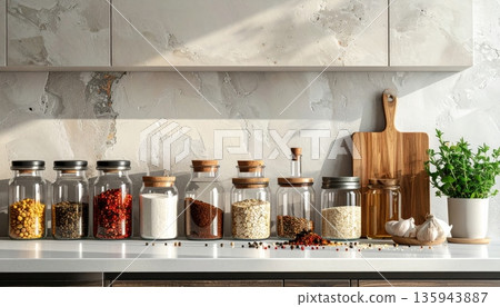 Healthy herbal lavender essential oil in a glass bottle and salt and pepper spices in a jar container for cooking isolated on white Healthy herbal lavender essential oil in a glass bottle and salt and pepper spices in a jar container for cooking isolated on white 135943887