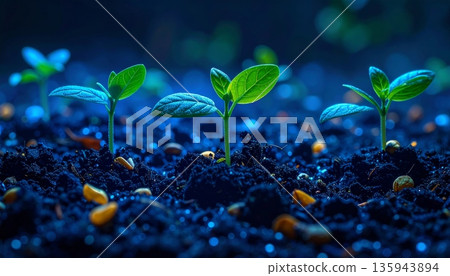 A vibrant aquarium with young fish swimming near a small green sprout growing from soil, symbolizing new life and nature in a white isolated environment 135943894