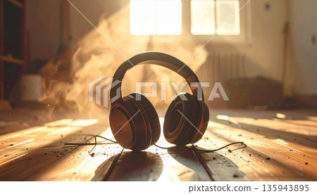 Professional audio headphones rest on a rustic wooden table, providing high-quality stereo sound equipment for a studio music listening experience Professional audio headphones rest on a rustic wooden table, providing high-quality stereo sound equipment for a studio music listening experience 135943895