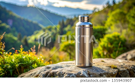 A clean plastic water bottle container sits isolated on a mountain peak as a blank object for health and hydration A clean plastic water bottle container sits isolated on a mountain peak as a blank object for health and hydration 135943907