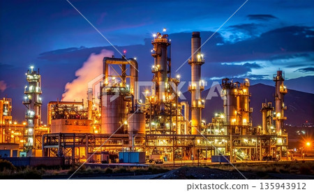 A vibrant night view of an urban oil refinery plant and city skyline features glowing architecture and highway traffic speed along a Hong Kong street A vibrant night view of an urban oil refinery plant and city skyline features glowing architecture and highway traffic speed along a Hong Kong street 135943912