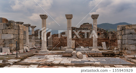 Historical ruins of the Basilica of St John with ancient columns, Selcuk, Turkey 135943929