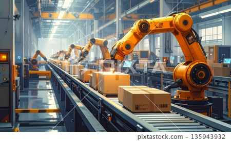 Heavy yellow excavator machinery and an industrial crane work at a busy construction site to lift steel and dig under a clear sky 135943932