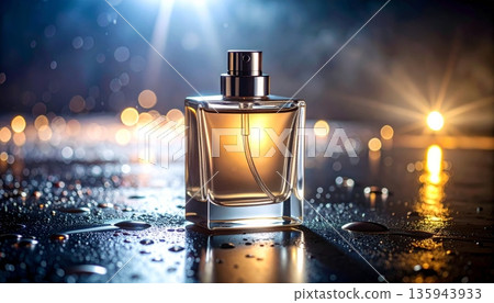 Luxury transparent glass perfume bottle with blue cosmetic liquid and spray nozzle isolated on a black background for fashion beauty fragrance Luxury transparent glass perfume bottle with blue cosmetic liquid and spray nozzle isolated on a black background for fashion beauty fragrance 135943933