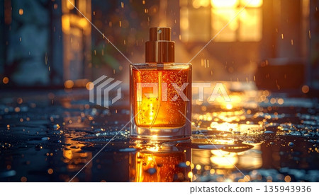 Luxury transparent glass perfume bottle with blue cosmetic liquid and spray nozzle isolated on a black background for fashion beauty fragrance Luxury transparent glass perfume bottle with blue cosmetic liquid and spray nozzle isolated on a black background for fashion beauty fragrance 135943936