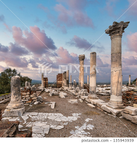 Majestic columns of Basilica of St John ruins under a dramatic sky, Selcuk, Izmir, Turkey Majestic columns of Basilica of St John ruins under a dramatic sky, Selcuk, Izmir, Turkey 135943939