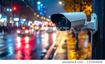 A vibrant street scene features a car in the city moving past a crowd of people near a glowing sign and traffic light reflected in a pool of water on the pavement 135944006