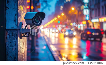 A vibrant street scene features a car in the city moving past a crowd of people near a glowing sign and traffic light reflected in a pool of water on the pavement 135944007