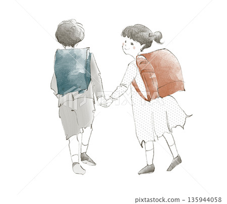 Boy and girl holding hands while carrying school bags Boy and girl holding hands while carrying school bags 135944058