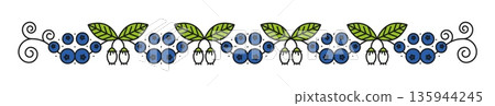 Forest blueberry berry and leaves line divider or separator. Forest blueberry linear divider, ripe farm berry outline vector frame border. Wild plant thin line underline spacer or separator line 135944245