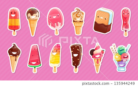 Cartoon ice cream characters stickers. Vector desserts fruit ice, waffle cone, popsicle, sandwich, gelato kawaii personages. Cold summer food, frozen bars and balls. Sweet tasty refreshment snacks set 135944249