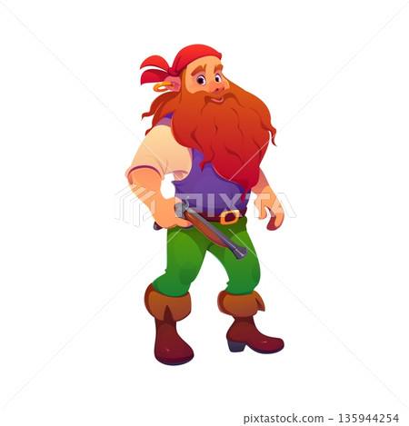 Cartoon pirate and corsair character with bushy beard holding pistol gun. Vector sea rover personage wearing red sailor bandana, green pants, vest and boots. Brave and funny medieval sea swashbuckler 135944254