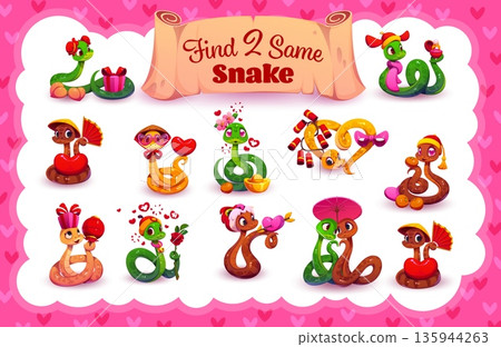 Find two same Valentine Day cute snake characters game quiz worksheet at vector background frame with romantic love holiday hearts. Matching puzzle game of cartoon snakes, Valentine Day gifts, flowers Find two same Valentine Day cute snake characters game quiz worksheet at vector background frame with romantic love holiday hearts. Matching puzzle game of cartoon snakes, Valentine Day gifts, flowers 135944263