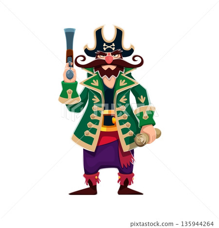 Cartoon corsair and pirate character with gun and parchment scroll. Vector mustached rugged sailor, boatswain, skipper and captain filibuster personage with hat and beard, clutching a flintlock pistol 135944264