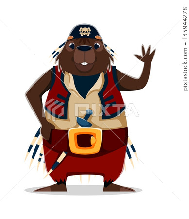 Cartoon porcupine animal pirate crew character wearing a skull embroidered bandana, red vest, beige shirt, wide belt with buckle, and carrying a dagger, waving cheerfully with a friendly expression 135944278