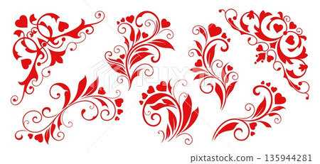Heart flourish decorations for Valentine day greetings, featuring red hearts motifs and floral swirls. Vector set of romantic ornate swirling, love decorative patterns with stems, leaves and curves Heart flourish decorations for Valentine day greetings, featuring red hearts motifs and floral swirls. Vector set of romantic ornate swirling, love decorative patterns with stems, leaves and curves 135944281