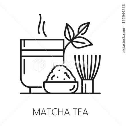 Japan matcha tea, Japanese travel line icon or label. Japanese holiday tour icon, Asian country travel vector pictogram. Japan vacation journey sign with hot drink bowl, green tee powder, matcha whisk Japan matcha tea, Japanese travel line icon or label. Japanese holiday tour icon, Asian country travel vector pictogram. Japan vacation journey sign with hot drink bowl, green tee powder, matcha whisk 135944288